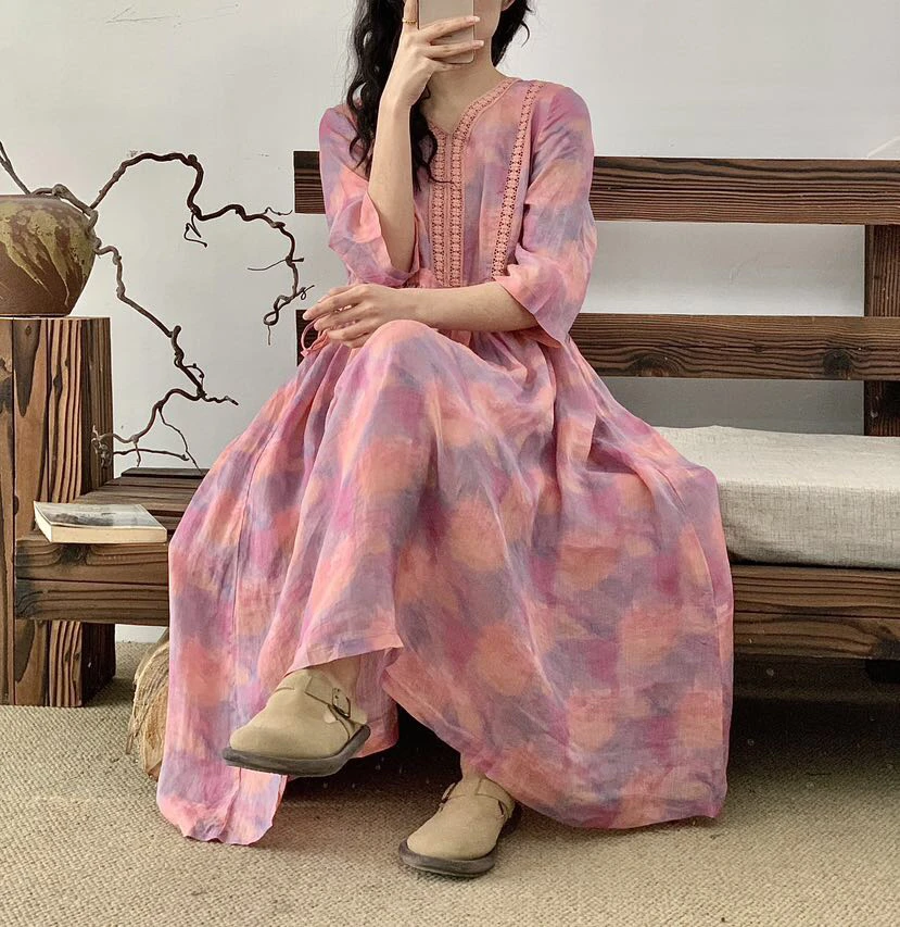 2025夏季新款苎麻拼水溶蕾丝V领收腰A字复古长裙温柔甜美风