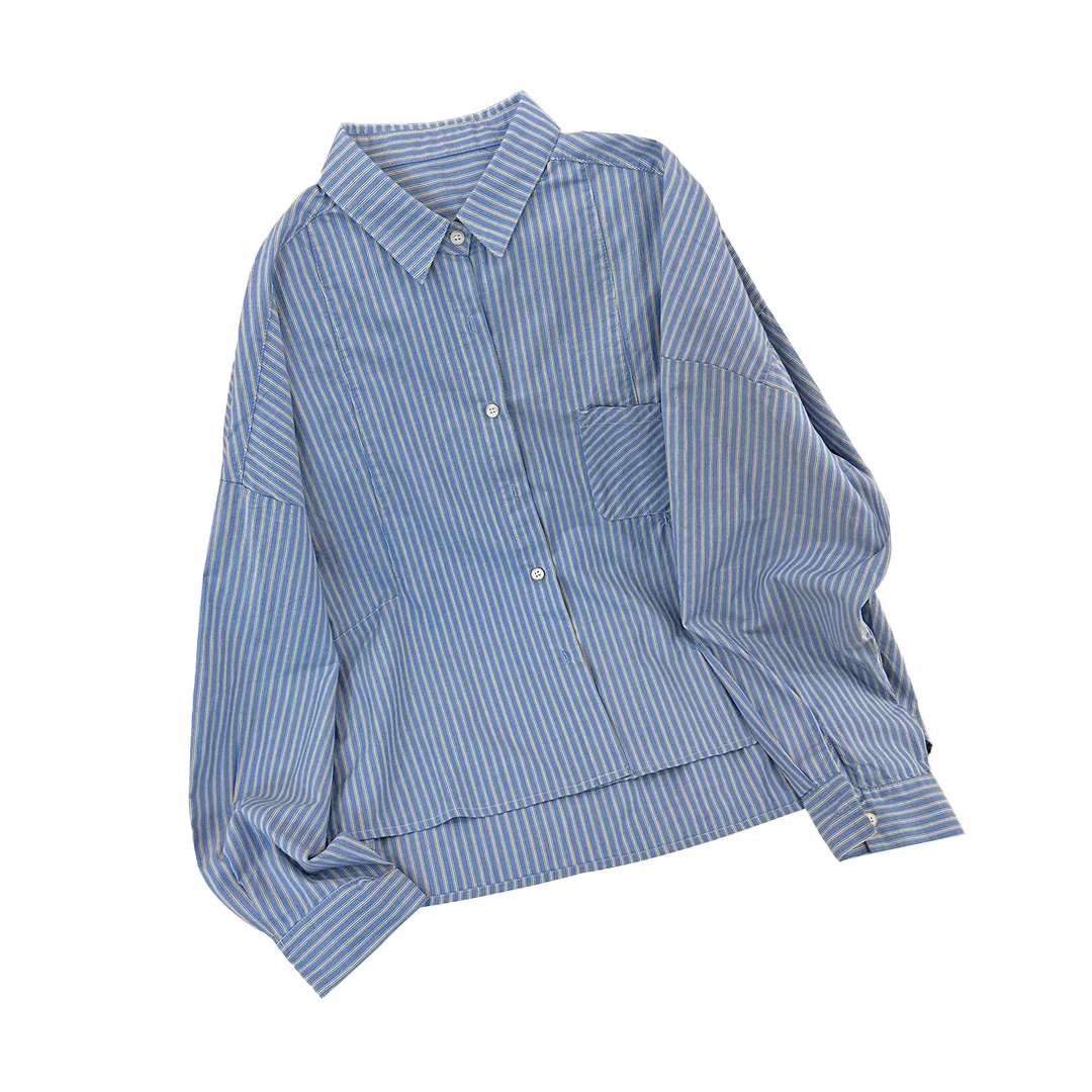 [蓝精灵]早秋薄款纯棉色织条纹龟背长袖拼接衬衫前短后长衬衣