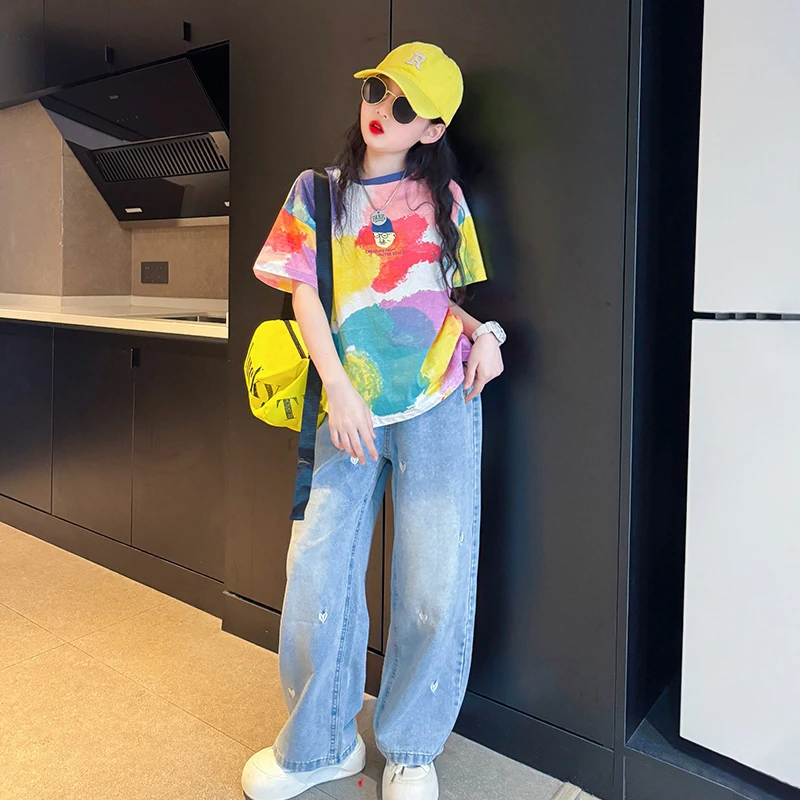 女童夏季套装2025新款儿童女孩网红多巴胺穿搭大童洋气夏装牛仔裤