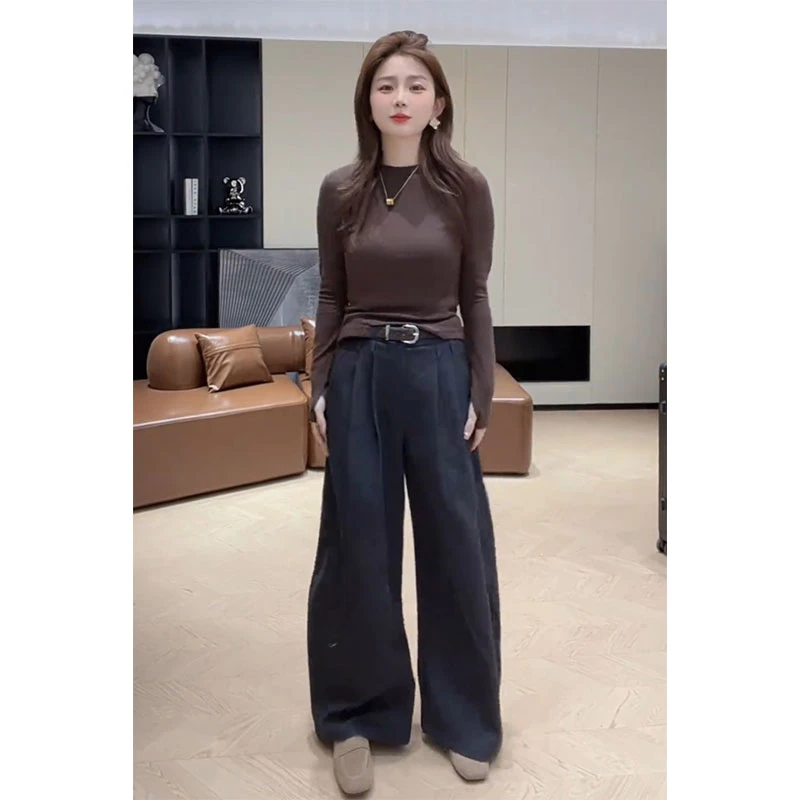 小个子休闲松弛感两件套圆领长袖上衣高腰阔腿裤子洋气时尚两件套