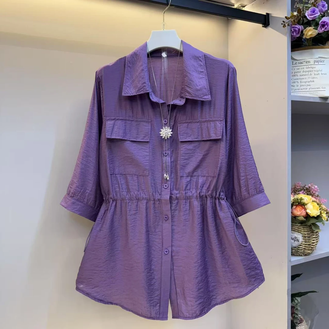 时尚2025夏季宽松气质短袖衬衫休闲女遮肚显瘦大码女装衬衫