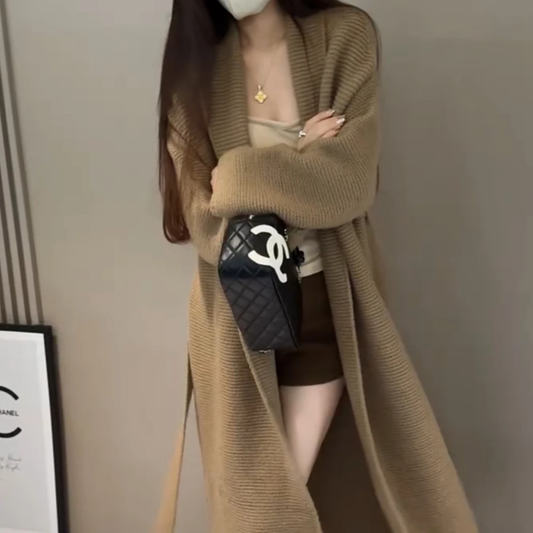 欧货翻领宽松慵懒风气质浴袍风毛衣外套女中长款纯色系带针织开衫