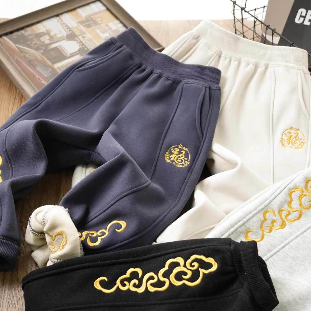 儿童年款金福刺绣拼接加绒卫裤中大童男童祥云裤子44107