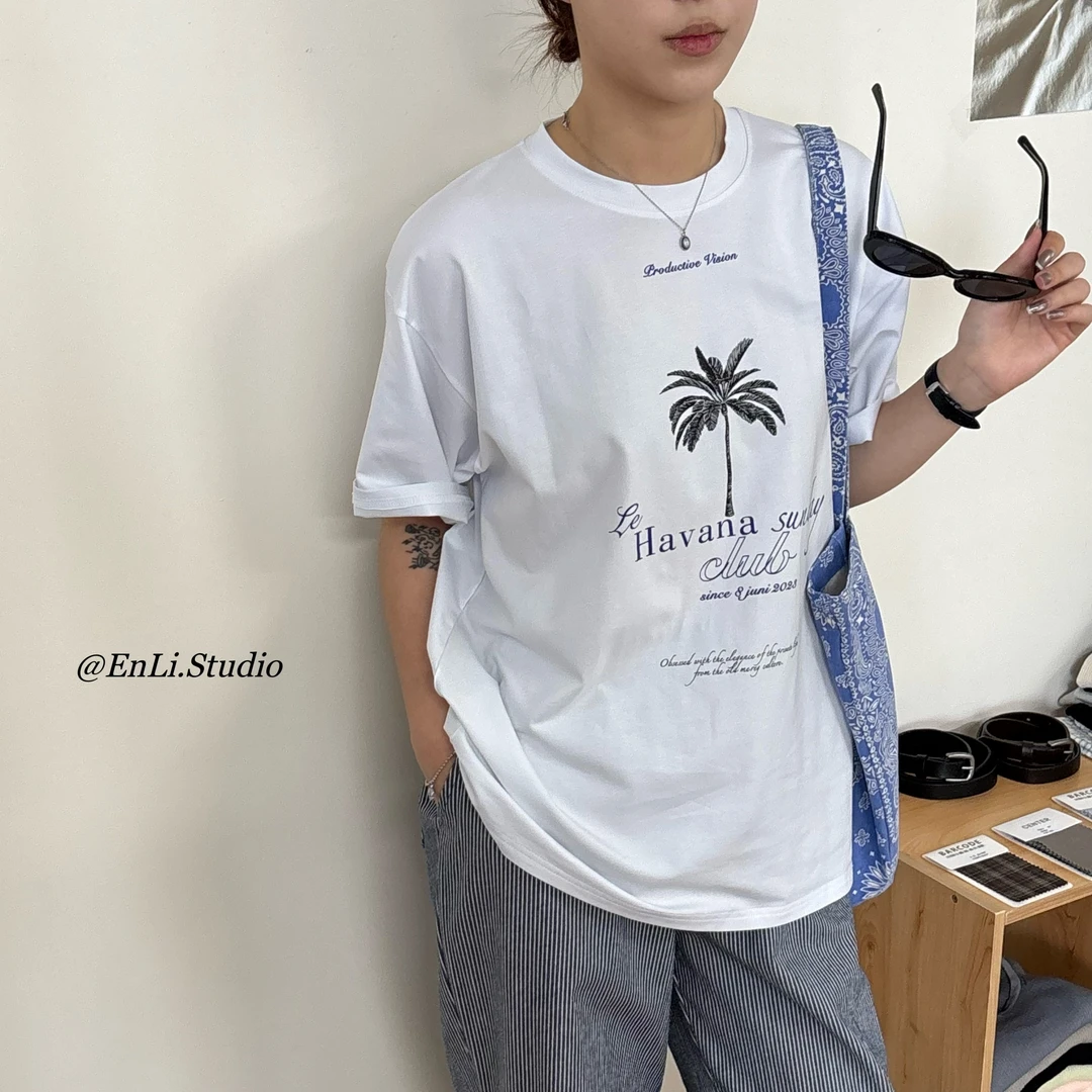 ENLI-椰子树高支精梳棉印花宽松短袖夏季简约百搭休闲