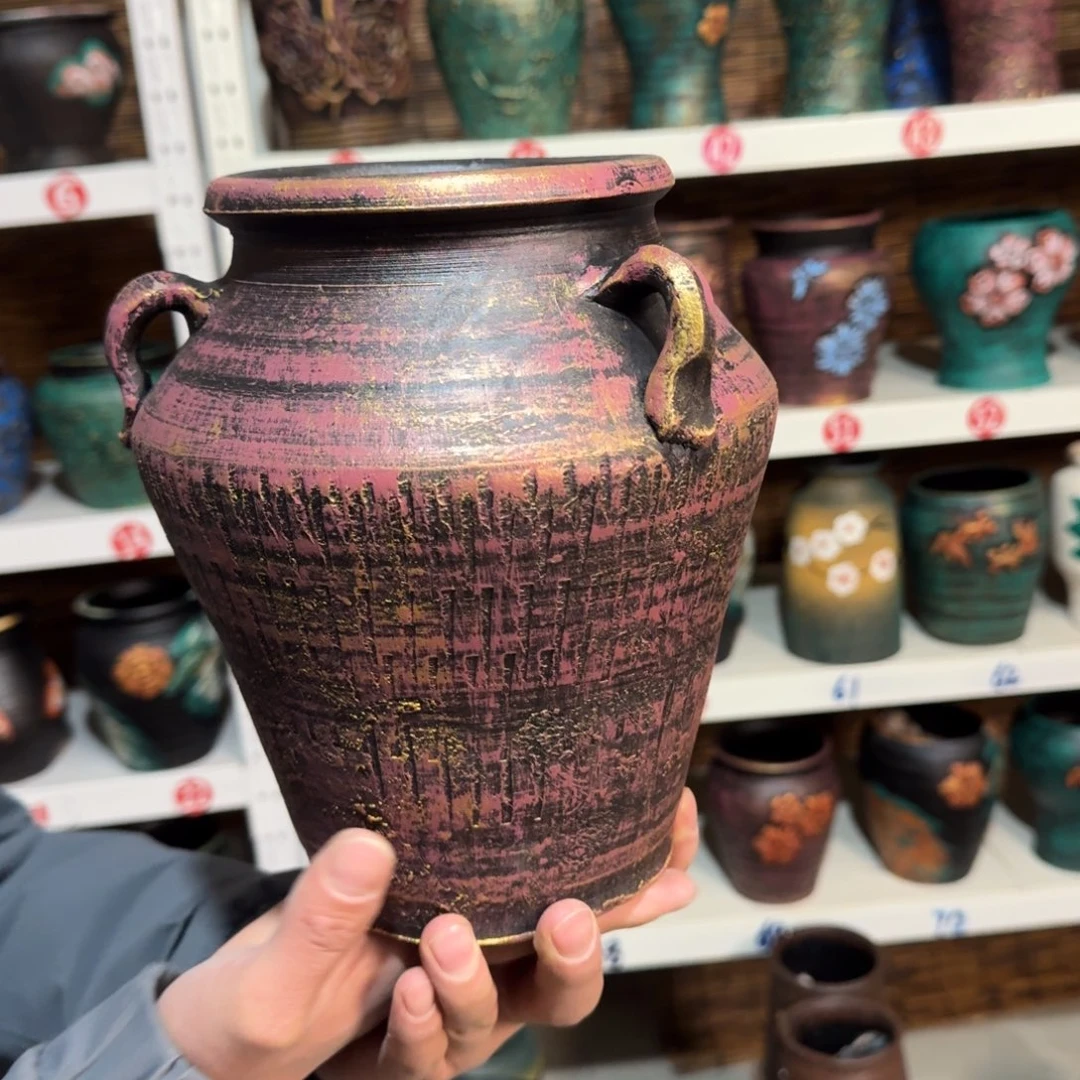 红陶红陶浮雕花盆炸炸炸