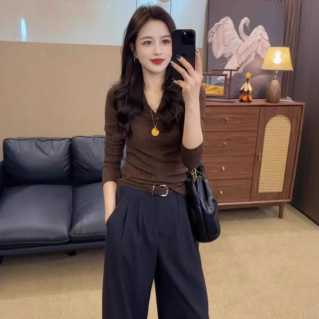 晕染韩版时尚V领长袖T恤女款2025新款洋气减龄宽松百搭休闲上衣