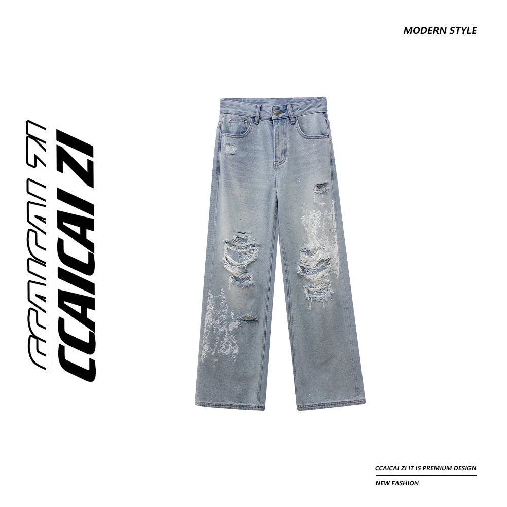 【星钻芭蕾】水洗带钻破洞蕾丝阔腿牛仔裤  l