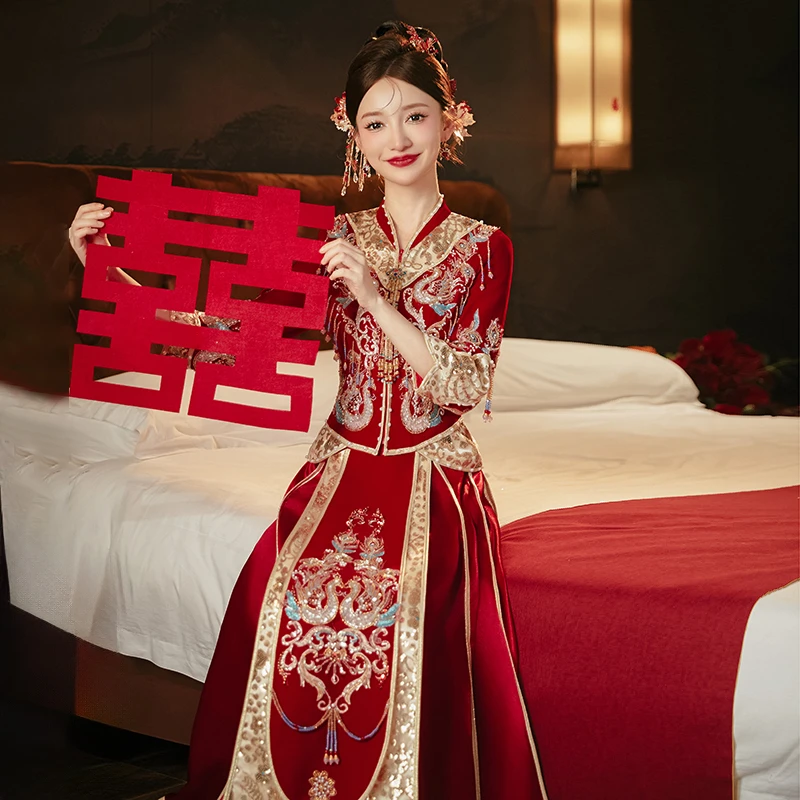 秀禾服婚服新娘高级丝绒款2025新款中式结婚敬酒服重工小个子嫁衣