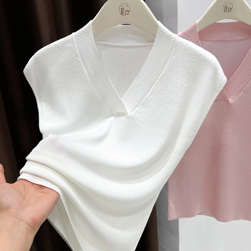 白色高档次针织无袖背心t恤新款夏季小飞袖轻奢时髦女士气质上衣
