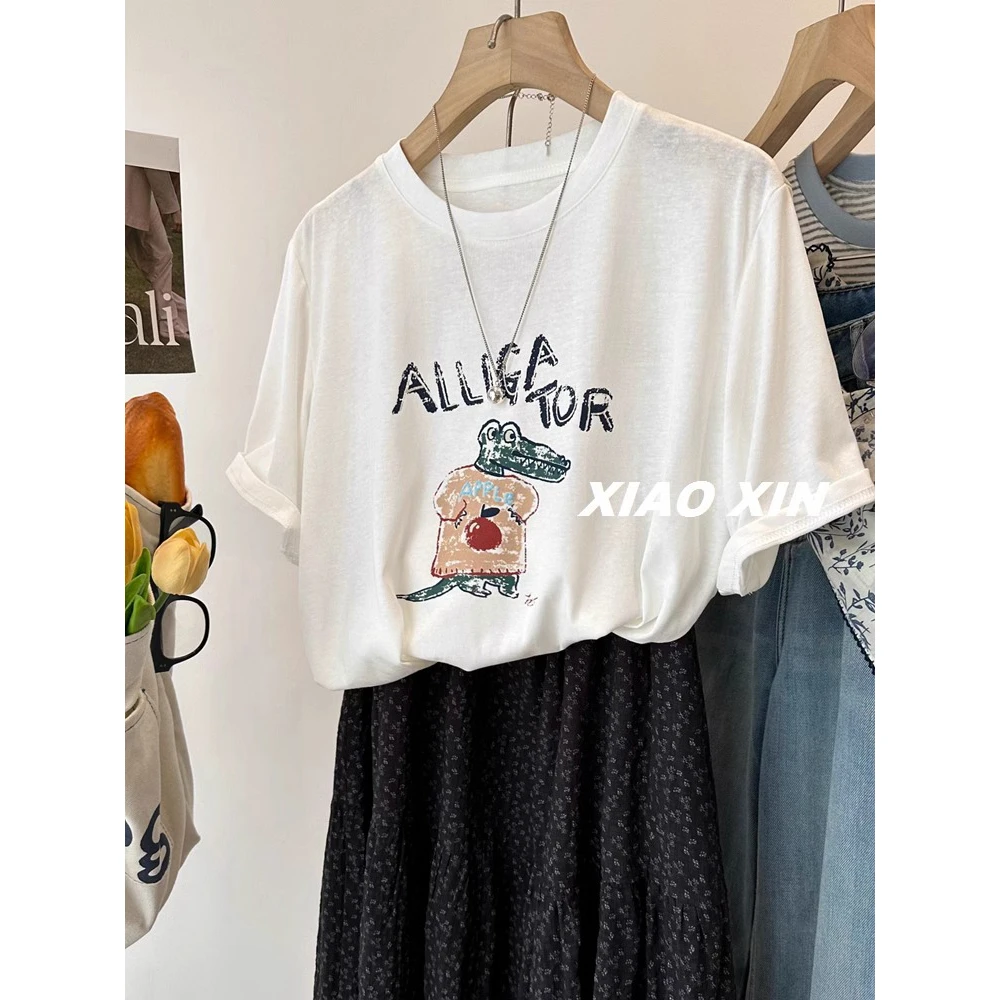 240斤大码卡通减龄轻薄凉爽雪花棉短袖T恤女夏季胖mm宽松半袖上衣