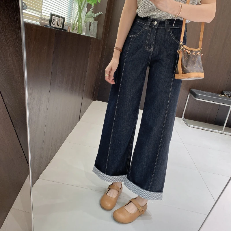 IMFLY金小金自制女装 牛仔裤DYK2608设计感条纹翻边阔腿九分裤