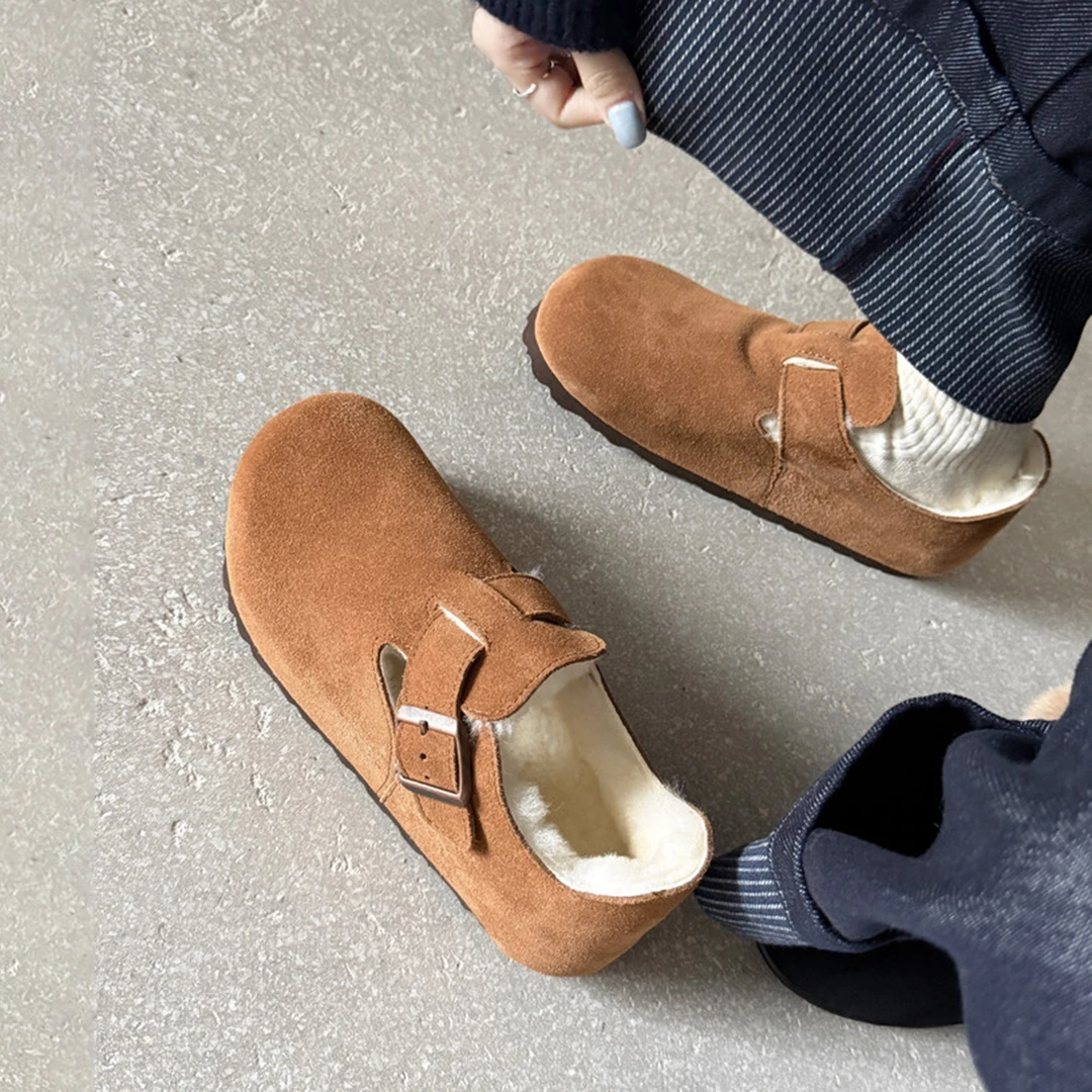 复古加绒保暖勃肯鞋女2025冬季新款休闲一脚蹬皮带扣加厚毛毛单鞋