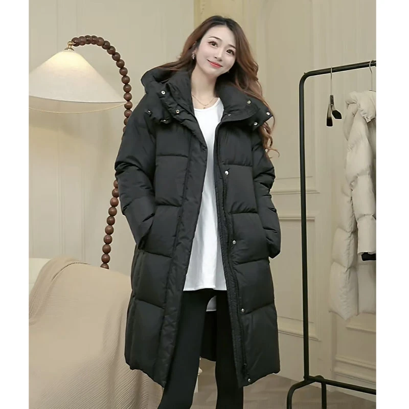 黑袖口中长款羽绒服女加厚韩版宽松气质百搭休闲冬装