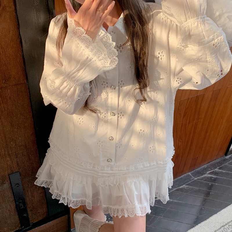 春季流行穿搭新款衬衫连衣裙蕾丝拼接独特漂亮白色甜美宽松短裙