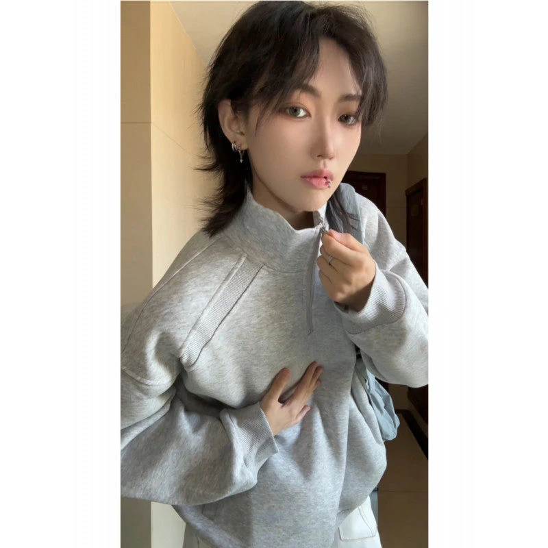 美式复古半拉链套头卫衣长袖春秋男女秋季宽松情侣百搭休闲上衣