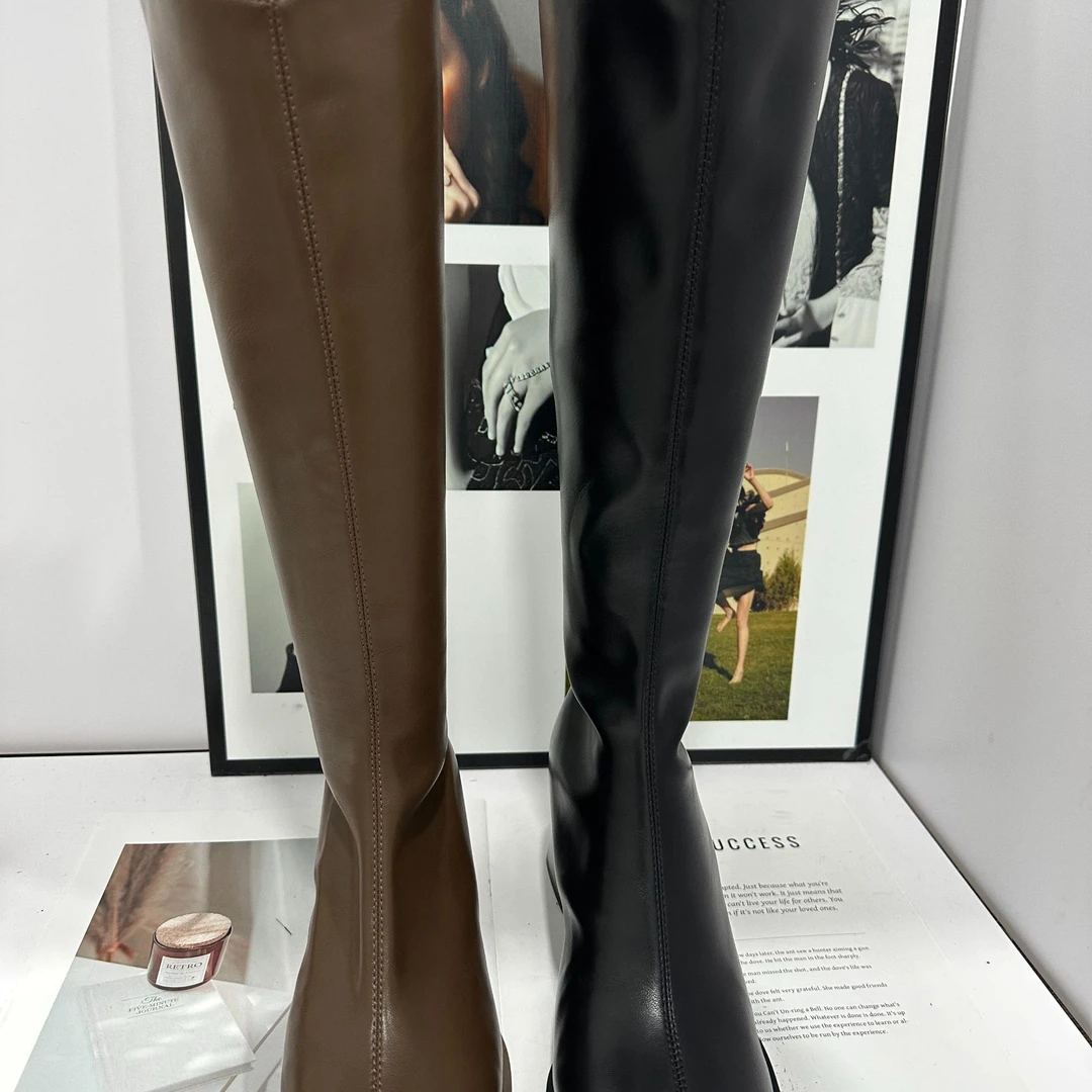 新款方头粗跟舒适厚底不累脚百搭款长款女靴215-10