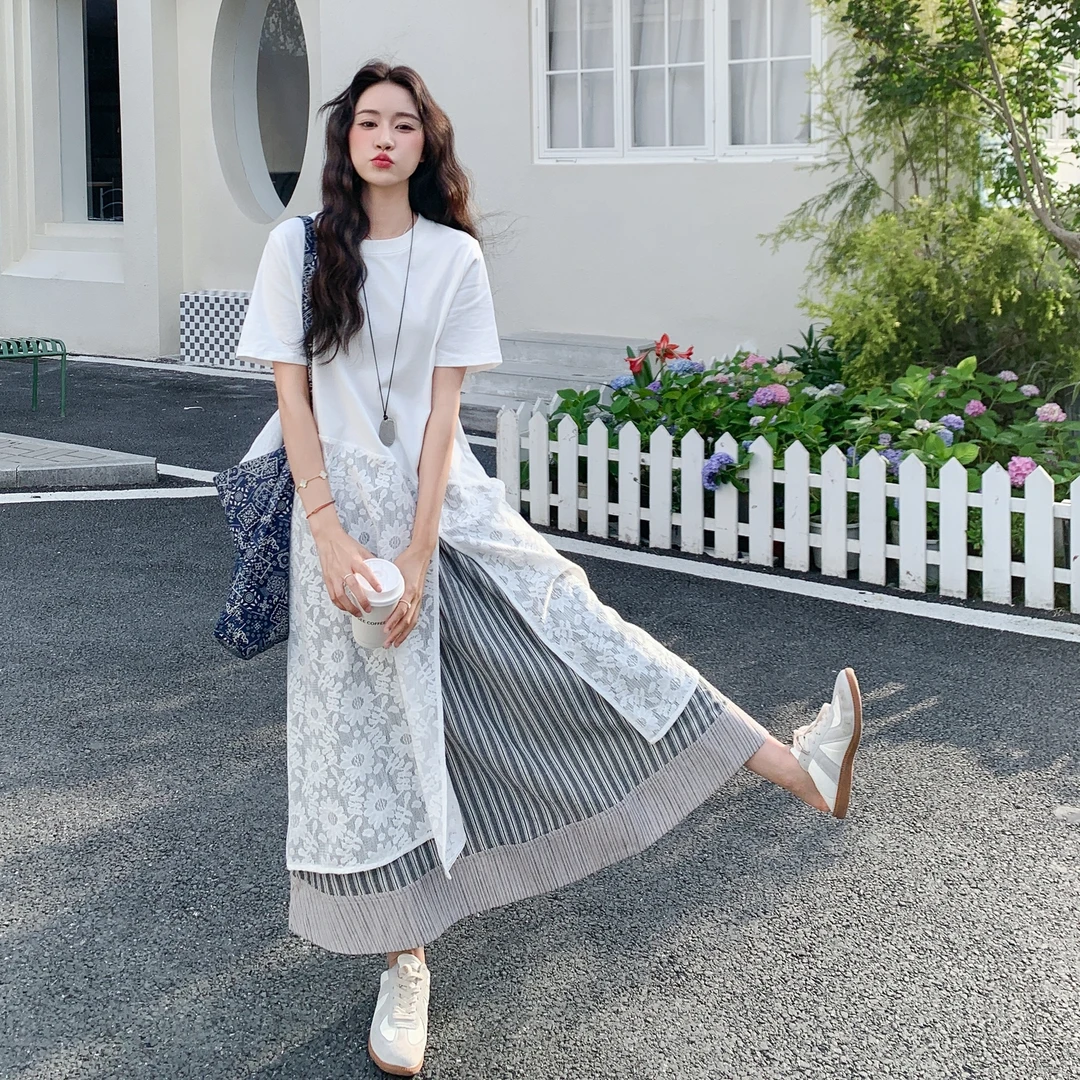 镂空刺绣拼接蕾丝开叉连衣裙女夏季2025新款韩版慵懒风长款T恤裙