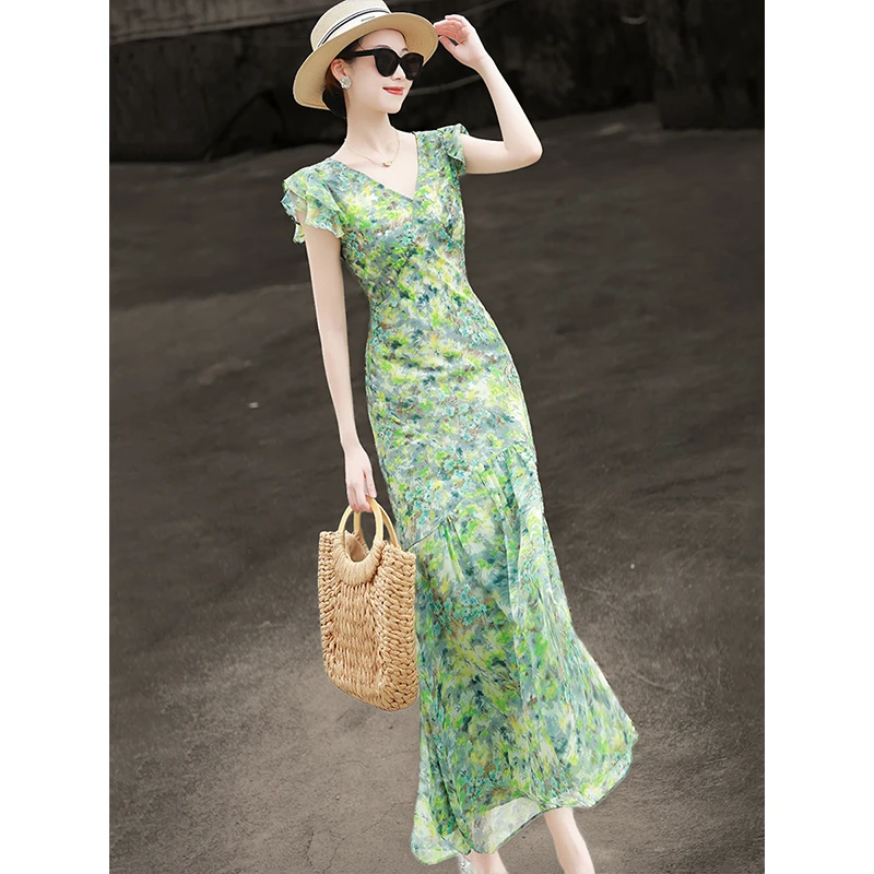 兰瑟儿夏季裙子新款气质V领碎花裙收腰印花鱼尾连衣裙女105XL2997