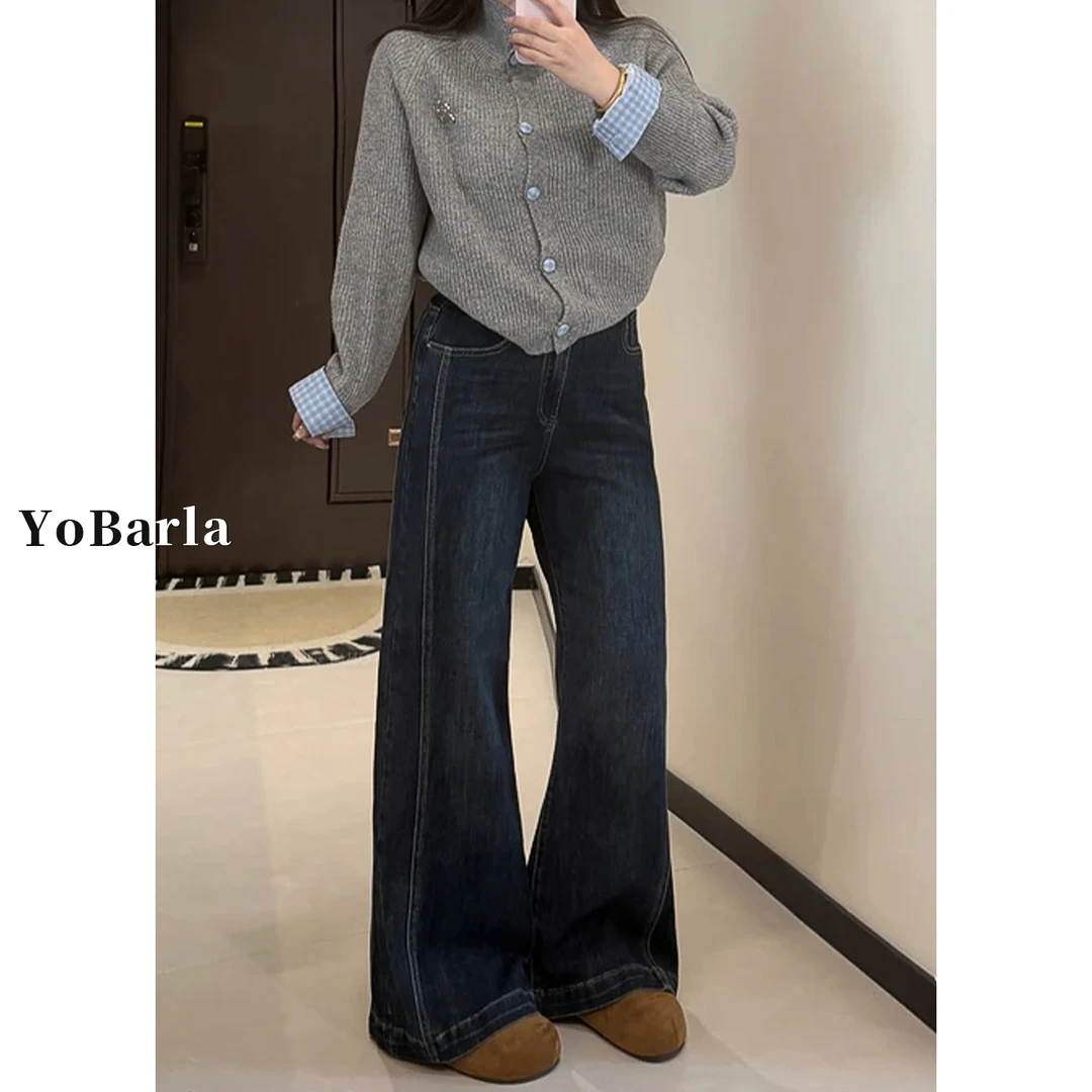深蓝色不贴腿微喇牛仔裤女秋冬新款胖mm大码高腰宽松显瘦喇叭裤子