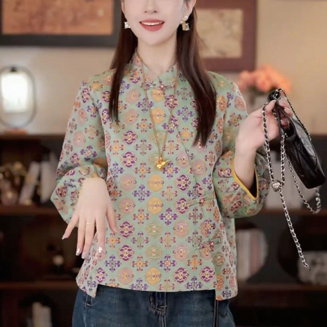 2025秋季新款减龄印花长袖复古百搭上衣新中式国风通勤气质打底衫