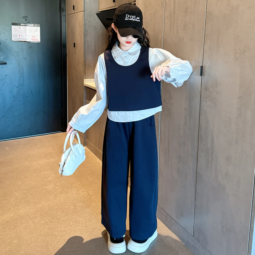 女童秋装套装2025新款儿童假两件上衣女大童秋季时髦阔腿裤两件套