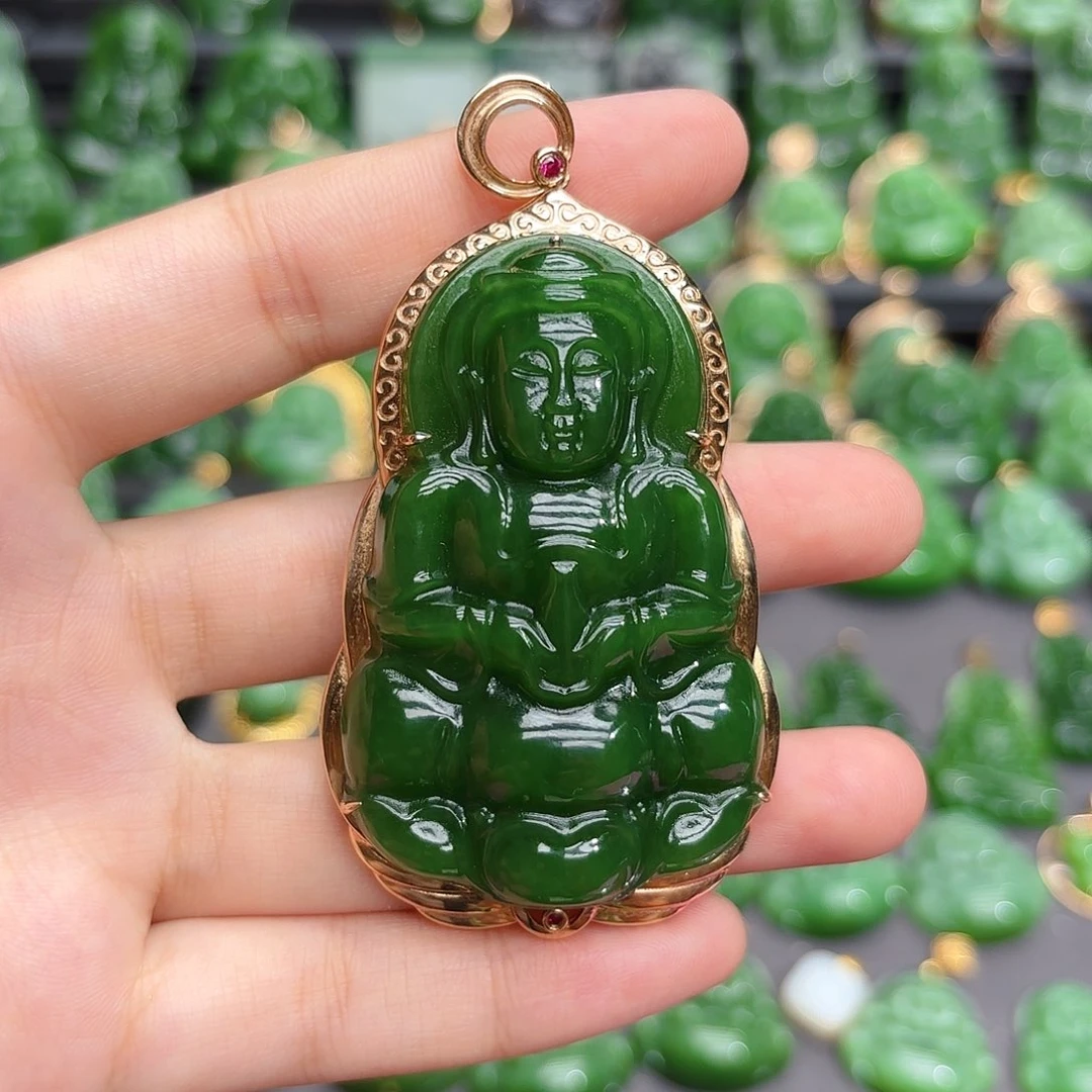 和田玉（碧玉）18K金镶嵌颈饰花*
