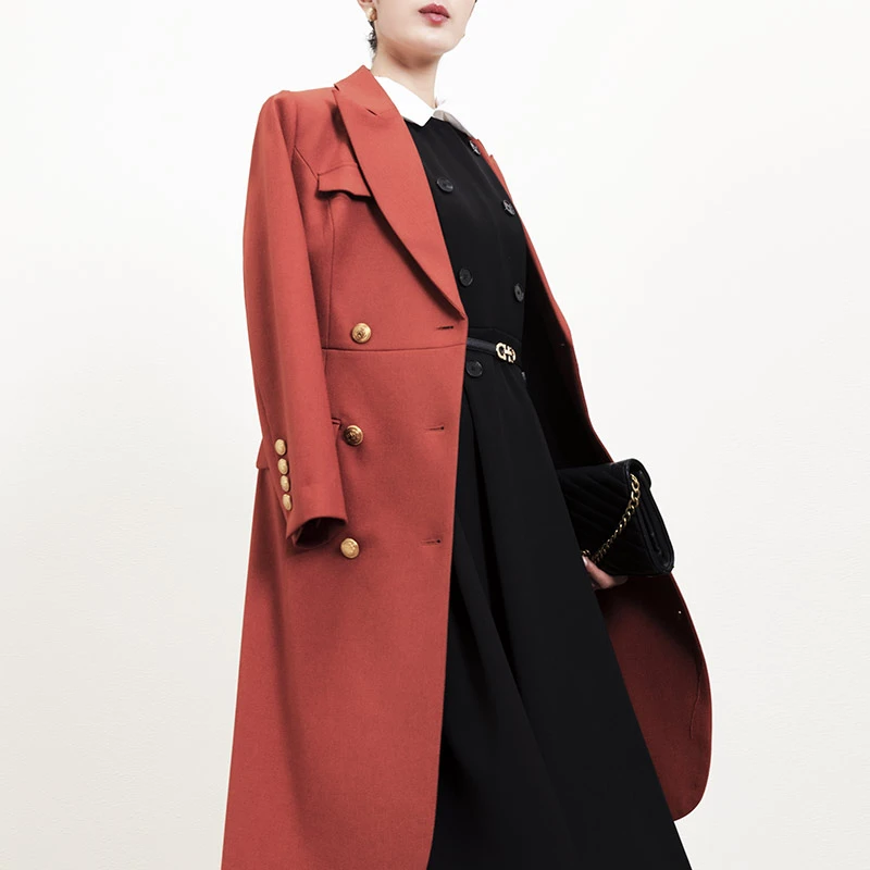 28598 春季百搭风衣女时尚气质双排扣长外套橘红中长款女装女士