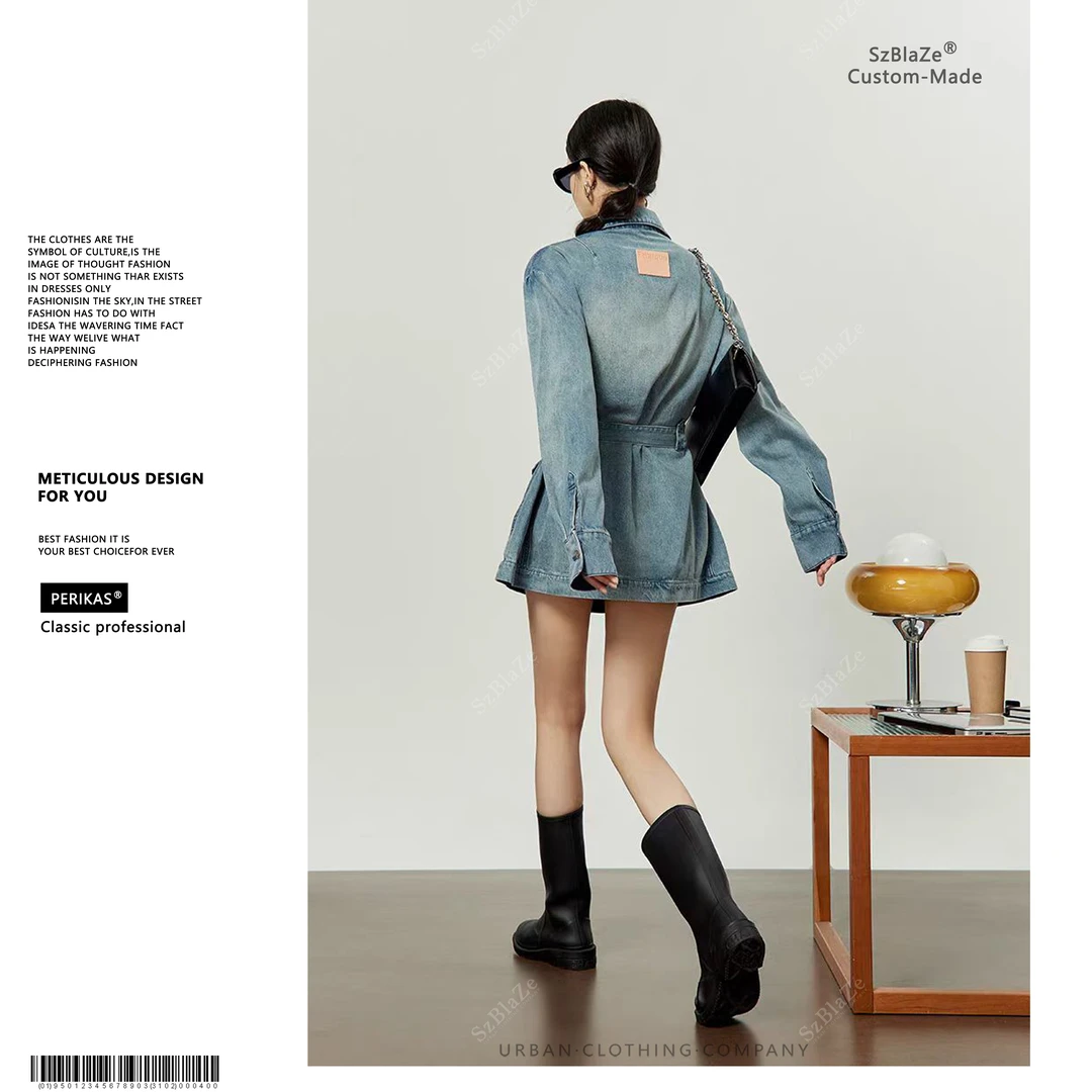 PERIKAS新款牛仔可拆卸腰带宽松遮肉中性风时尚高端风衣外套S2050