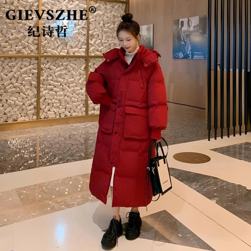 纪诗哲红色羽绒服女冬季时尚洋气连帽宽松过膝加厚白鸭绒长款外套