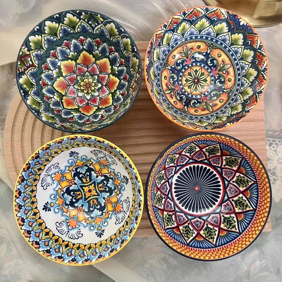 一花独放-4.75英寸米饭碗4个混装釉下彩陶瓷家用餐具