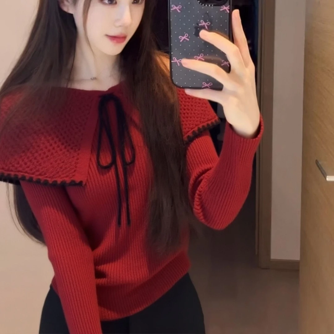 （浠儿姐姐）红色蝴蝶结系带针织衫新款巨好看独特减龄漂亮绝美上衣