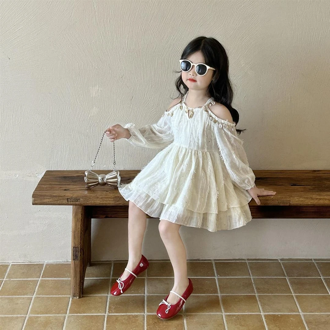 女款亮片露肩长袖连衣裙2025春季新款女孩韩版洋气公主裙生日礼服