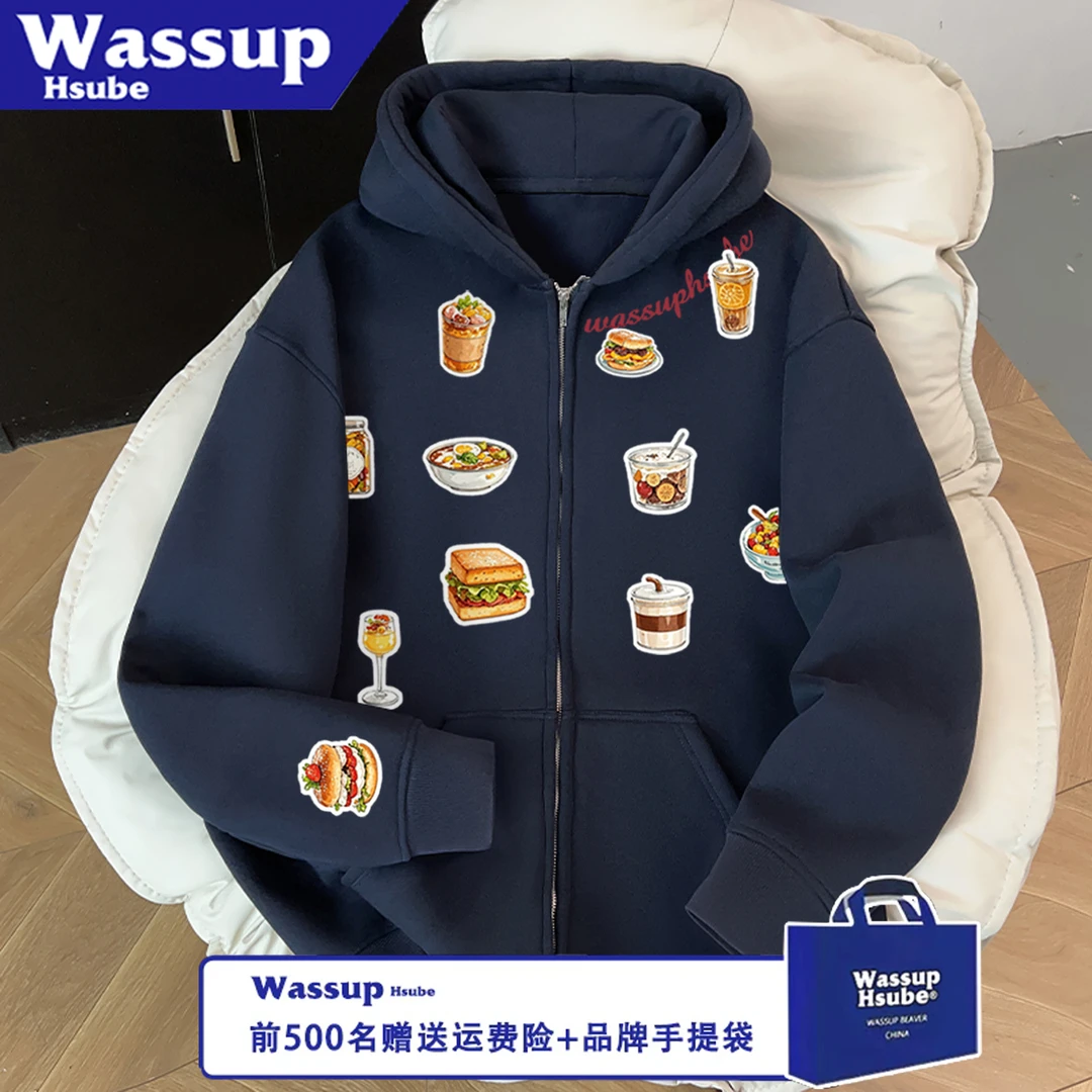 WASSUP HSUBE潮流印花情侣拉链长袖宽松食物贴纸秋冬连帽休闲上衣