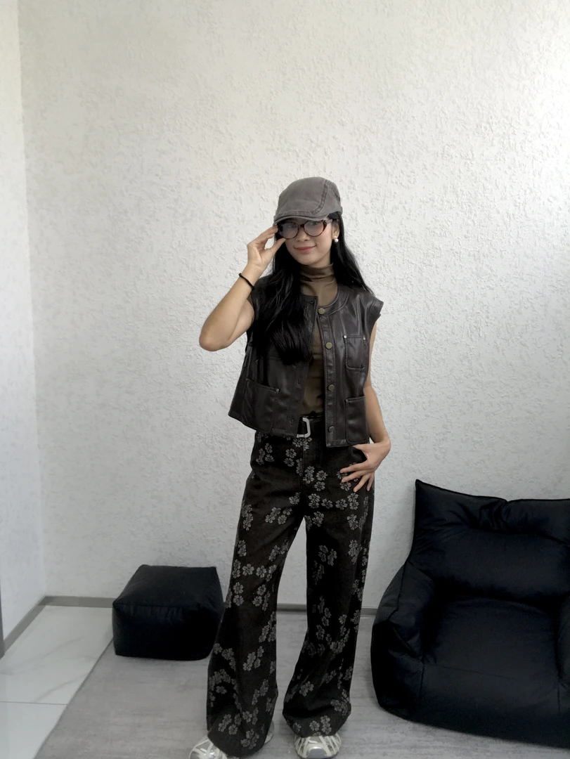 巴贝黎秋季阔腿裤通勤风微弹高腰牛仔裤时尚满印松紧腰女士
