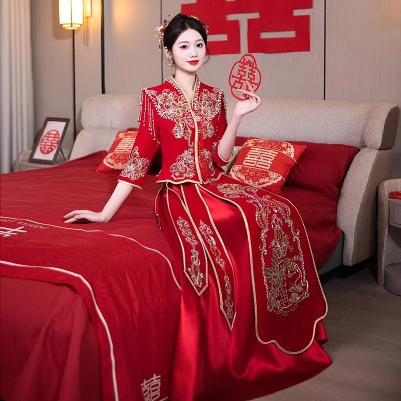 重工大码v领大码秀禾服高级显瘦新娘中式嫁衣出阁服mm200斤胖夏季