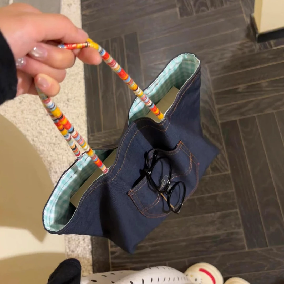 ins风牛仔帆布包女2025新款格纹大容量通勤单肩托特包手提购物袋