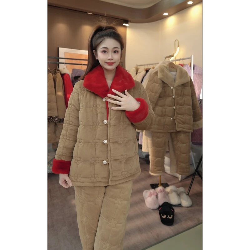 【秀秀家】冬季上新《新年战袍》三层夹棉保暖睡衣套装家居服