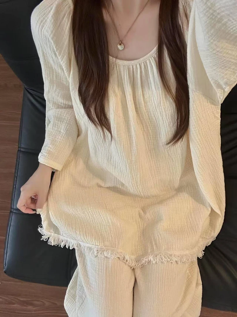 少女纯色宽松显瘦流苏设计感睡衣女春秋新款简约休闲小清新家居服