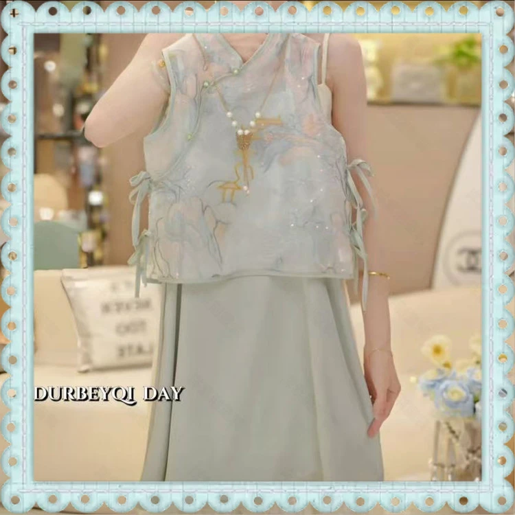 女童新中式吊带连衣裙夏季2025新款国风马甲背心裙两件套清凉洋气