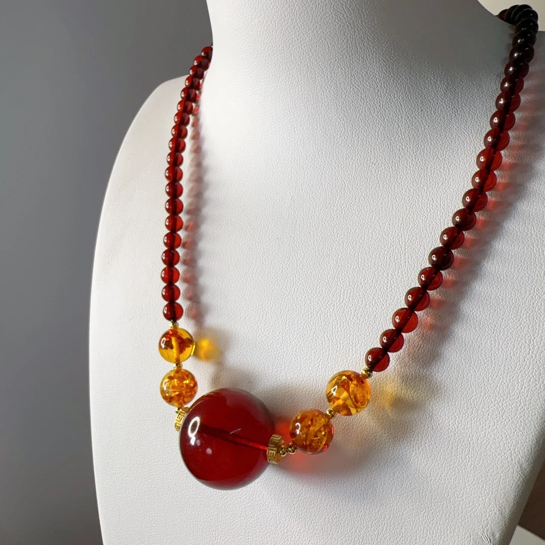 天然缅甸琥珀21MM圆珠设计款 锁骨链