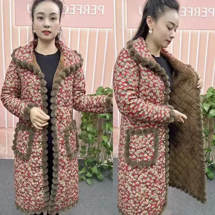 冬季加绒加厚保暖妈妈装长款碎花棉衣外套中老年女士棉袄