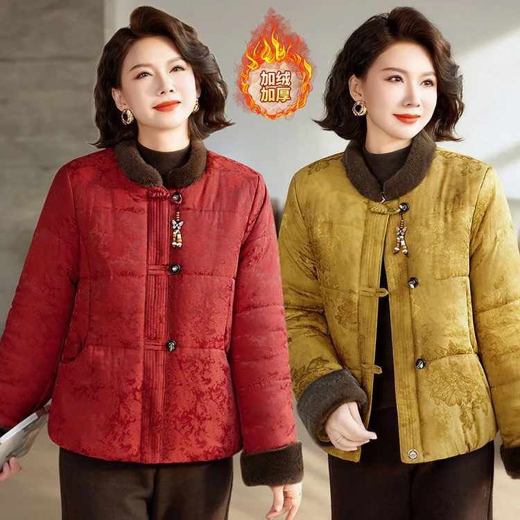 中国风时尚中老年妈妈冬季加绒加厚新中式短款洋气保暖棉服外A15