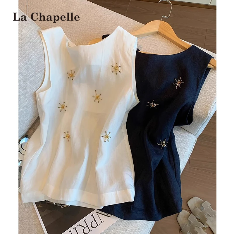 拉夏贝尔刺绣无袖针织背心女设计感老钱风串珠简约气质百搭上衣