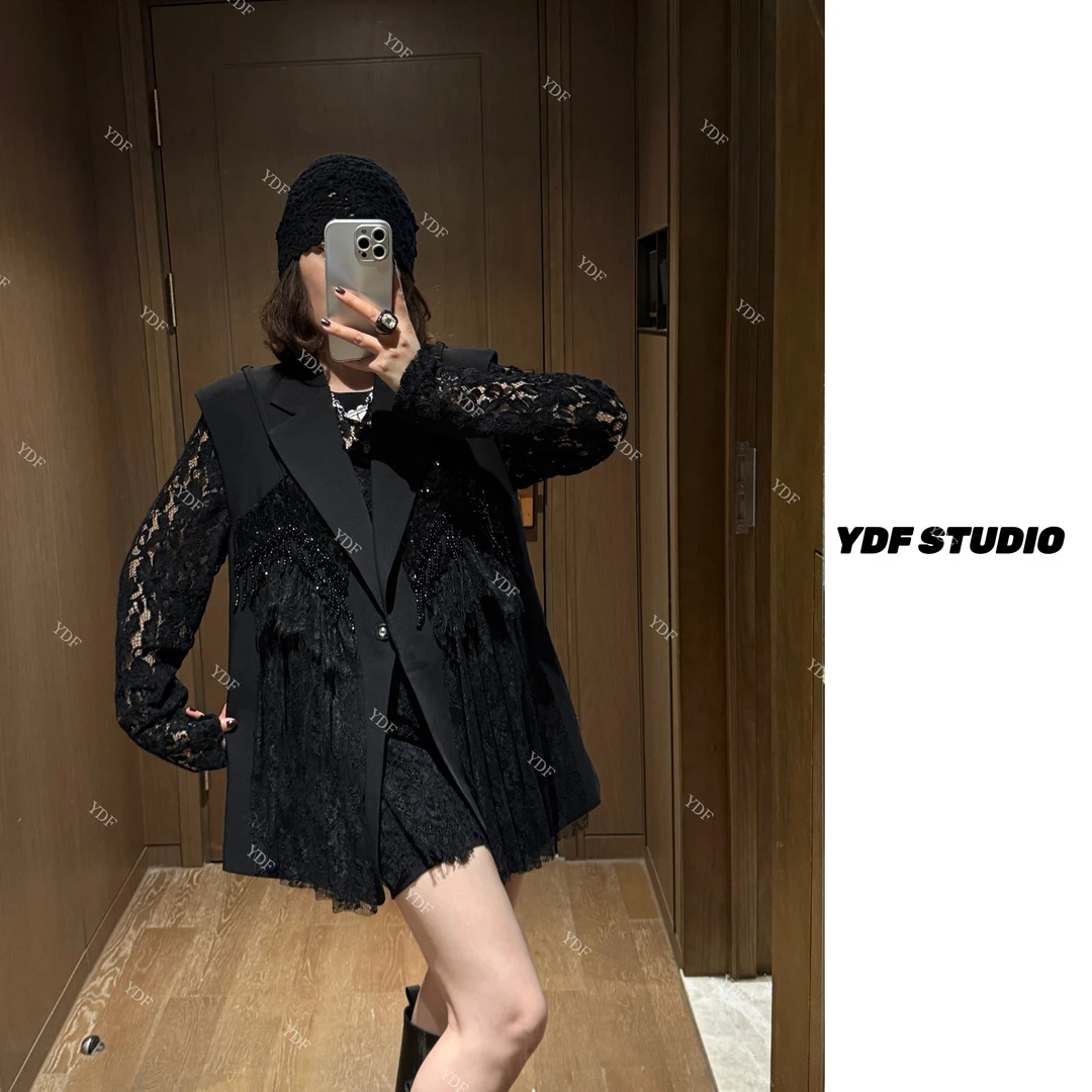 YDFSTUDIO小众【流动星空】早秋高定重工蕾丝定制拼接设计西装马甲