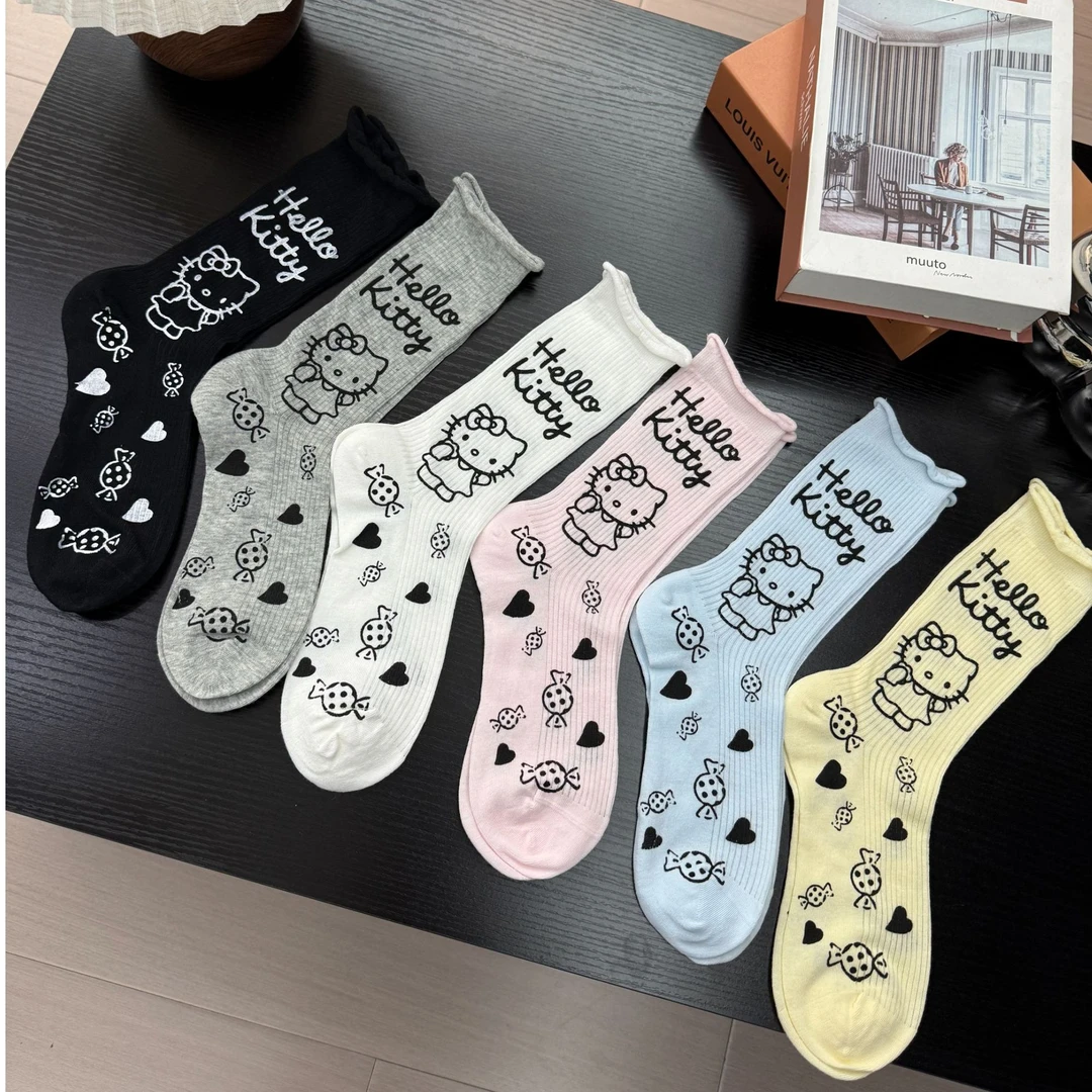 凯蒂猫扎染卷边堆堆袜轻职风吸汗防臭中筒袜纯色夏季春季女袜