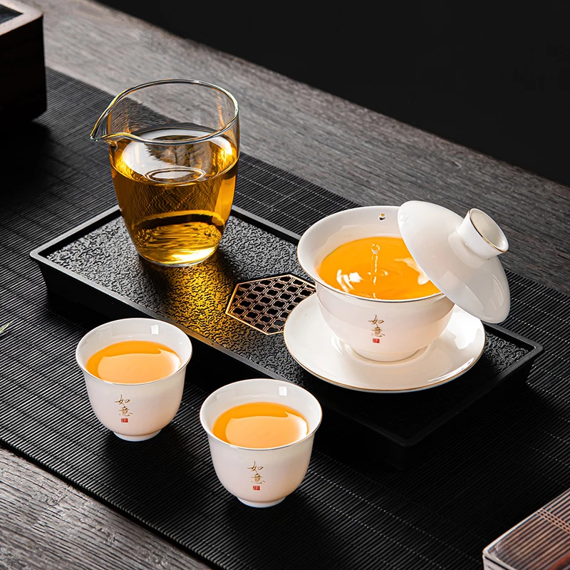 白瓷悬停盖碗功夫茶具高颜值陶瓷茶具套装高端全套个人专用带茶盘