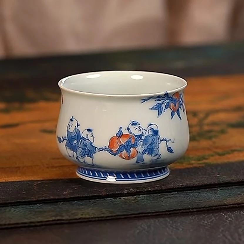 【品遗敬仁】聚澜堂童子九桃五福憨憨杯100cc 口径6.4*高4.7cm