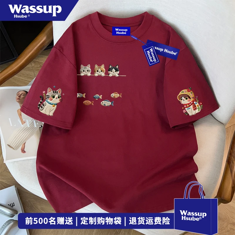 WASSUP HSUBE欧美式潮流酒红色短袖T恤男女卡通猫咪印花圆领上衣