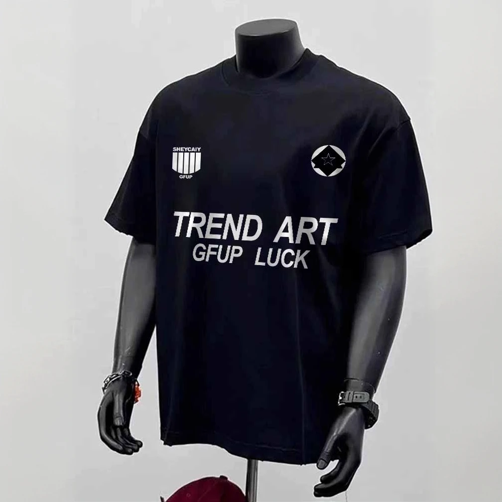 美式高街潮牌潮流宽松黑色短袖T恤男款夏季纯棉重磅运动半袖上衣