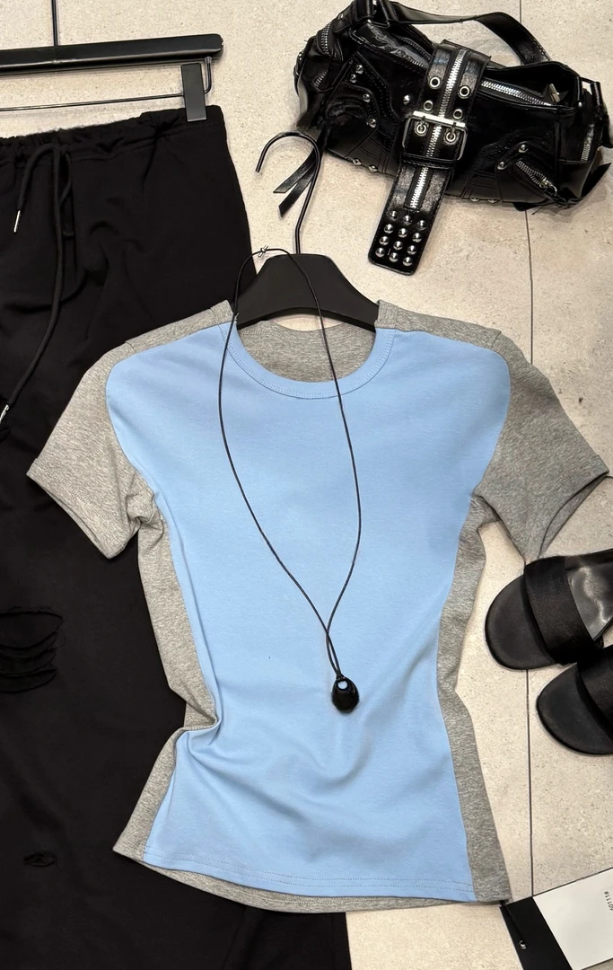 NICE圈圈、超显瘦前后撞色设计感短袖T恤A60111